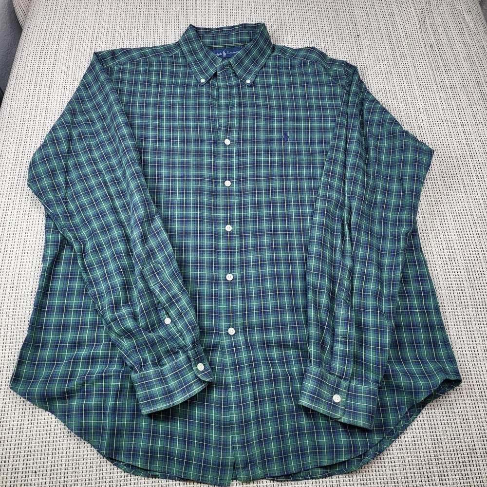 Ralph Lauren‎ Shirt Mens XL Green Plaid Long Sleeve Button Front Pony Logo
